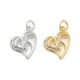 Brass Micro Pave Clear Cubic Zirconia Charms, with Jump Ring, Hollow Asymetrical Heart Charm