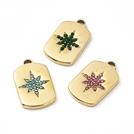 Vacuum Plating 201 Stainless Steel Pendants, with Rhinestone, Real 18K Gold Plated, Oval Rectangle with Star Charms