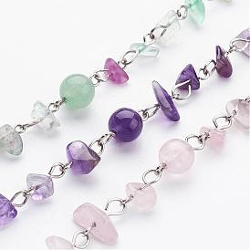 Handmade Natural Gemstone Beads Chains for Necklaces Bracelets Making, with Iron Eye Pin, Unwelded, Platinum Color