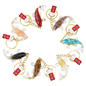 7брелок из смолы с натуральными и синтетическими драгоценными камнями и лампворком внутри, талисман в виде рыбы с золотой фольгой, с железными кольцами