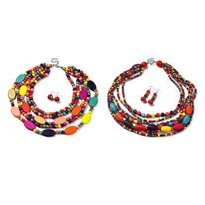 Комплект из многослойных ожерелий из деревянных бусин ручной работы и серег в стиле бохо, комплект украшений в стиле бохо для женщин