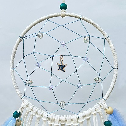 Woven Web/Net with Feather Decorations, with Iron Ring and Wood Beads, for Home Bedroom Hanging Decorations, Starfish