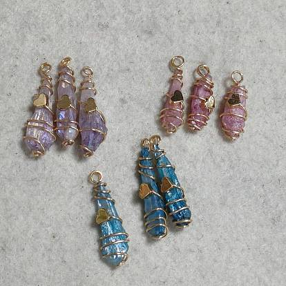 9Pcs 3 Colors Electroplated Natural Quartz Crystal Pendants, Nuggets Charms with Heart Copper Wire Wrapped, Golden