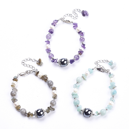 Bracelets élastiques de pierres précieuses naturelles, avec des non-magnétiques perles synthétiques d'hématite, alliage découverte et sacs à épaulettes sacs à cordes