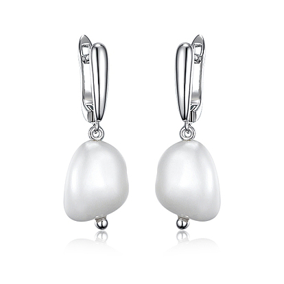 S925 Boucles d'oreilles créoles en argent sterling et perles d'eau douce naturelles, platine