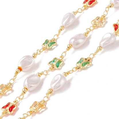 Brass Link Chains, with ABS Plastic Pearl Nuggets & Glass Butterfly Links, Unwelded, with Spool, Lead Free & Cadmium Free, Golden