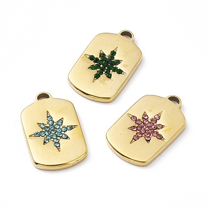 Vacuum Plating 201 Stainless Steel Pendants, with Rhinestone, Real 18K Gold Plated, Oval Rectangle with Star Charms