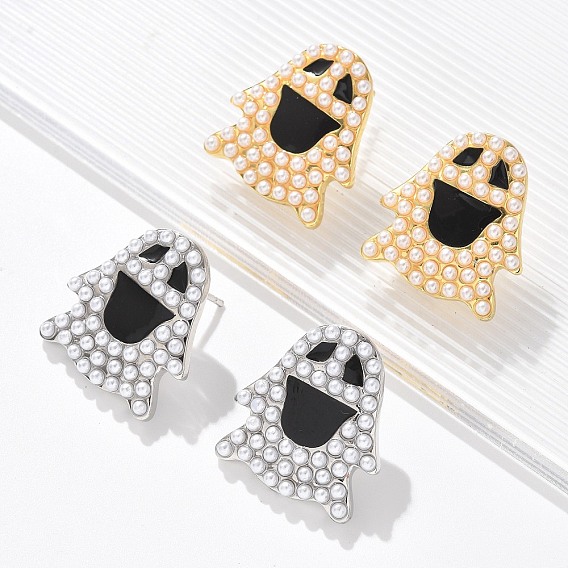 Серьги-гвоздики из искусственного жемчуга из латуни и АБС-пластика, без кадмия и без свинца, стойки покрытие, с эмалью, призрак