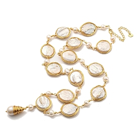 Natural Pearl Oval Link Necklace, Real 14K Gold Plated Brass Jewelry for Women