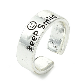 Word Keep Smile Alloy Open Cuff Ring, Lead Free & Cadmium Free