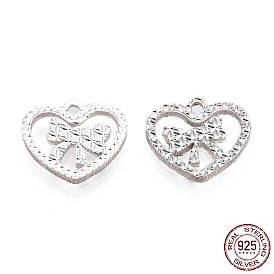 925 Sterling Silver Pendants, Heart with Bowknot Charms, for Valentine's Day