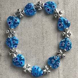 Handmade Millefiori Lampwork & Alloy Bead Bracelets, Heart, Stretch Bracelets