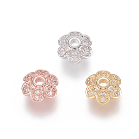 Capuchons de perles fantaisie en laiton micro pavé zircone cubique, 6 pétales, fleur, clair