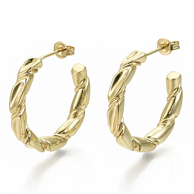 Brass Stud Earrings, Half Hoop Earrings, with Ear Nuts, Nickel Free, Ring