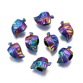 Rack Plating Rainbow Color Alloy European Beads, Large Hole Beads, Cadmium Free & Nickel Free & Lead Free, Leaf