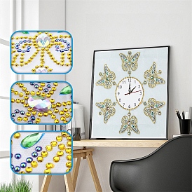 DIY Diamond Painting Clock Kits, Including Acrylic Rhinestones Bag, Diamond Sticky Pen, Tray Plate and Glue Clay, Butterfly