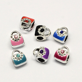 Alloy Rhinestone Enamel Style European Beads, Bag Large Hole Beads, Keep Color for 1Year