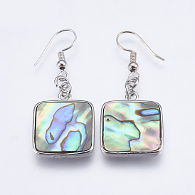 Abalone Shell/Paua Shell Dangle Earrings, with Brass Findings, Square