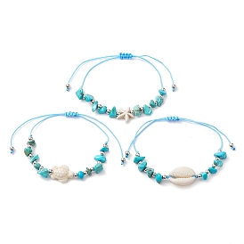 3Pcs 3 Styles Synthetic Turquoise & Natural Magnesite Braided Starfish & Tortoise & Shell Shape Beaded Bracelets, for Women