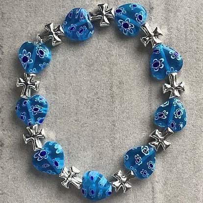 Handmade Millefiori Lampwork & Alloy Bead Bracelets, Heart, Stretch Bracelets