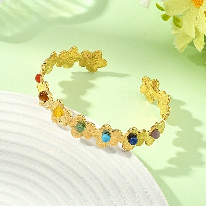 7 Chakra 304 Stainless Steel Textured Flower Cuff Bangles with Mixed Stone Inlay