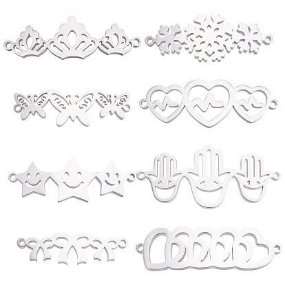 8Pcs 8 Style 304 Stainless Steel Link Connectors, Laser Cut, Heart & Bowknot & Butterfly & Crown & Star & Hamsa Hand & Snowflake
