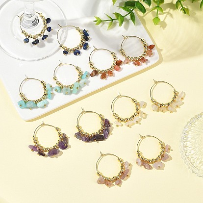 Natural Lapis Lazuli & Natural Amethyst & Natural South Red Agate & Natural White Moonstone & Natural Madagascar Rose Quartz & Natural Amazonite Chip & Brass Bead Hoop Earrings