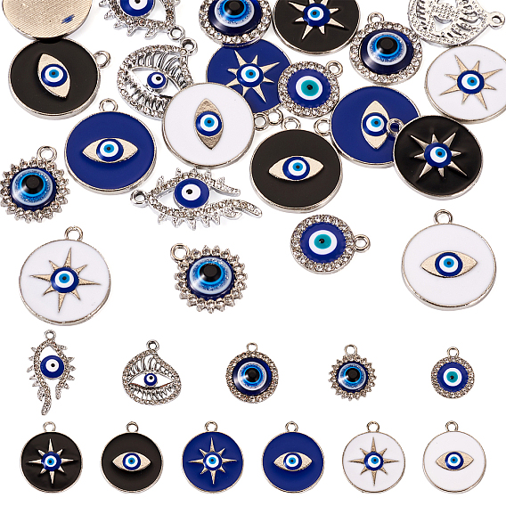 22шт 11 кулон из сплава с кристаллами и стразами, со смолой сглаза, плоско-круглые