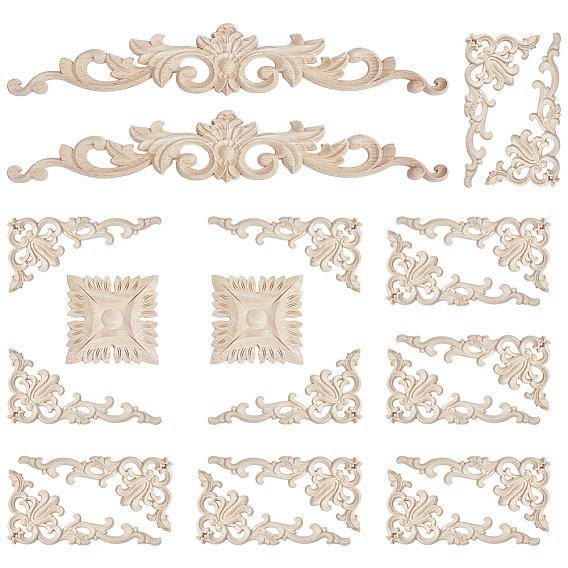 20 pièces 3 styles applique artisanale en bois naturel sculpté, décoration de la maison de meubles onlay non peints, formes mixtes