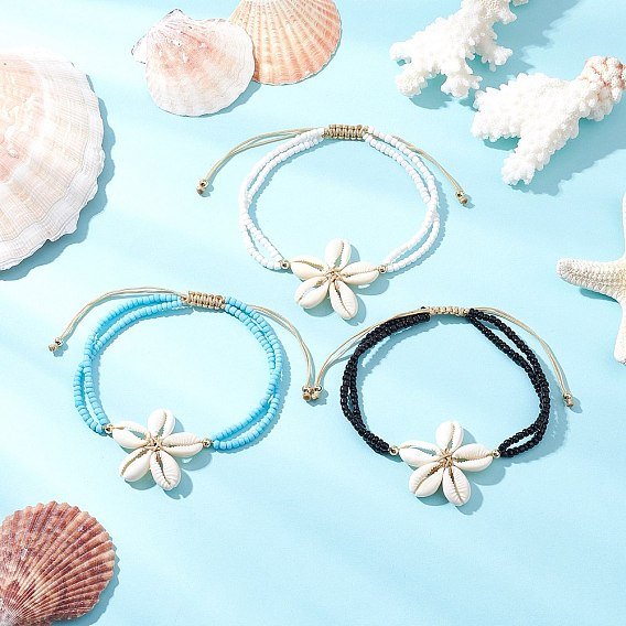 3Pcs 3 Colors Adjustable Natural Cowrie Shell Beaded Braided Anklets, Summer Beach Glass Seed Beaded 2-Strand Anklets for Women