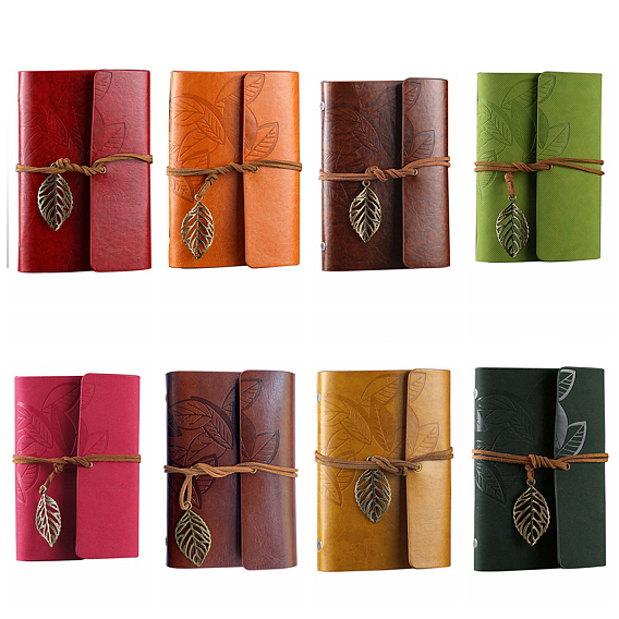 PU Leather Cover Binder Notebooks, Travel Journal, with String, Leaf Pendants & Kraft Paper, Rectangle