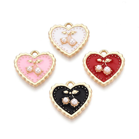 Подвески из эмали и сплава, с ABS имитации жемчуга, сердце с вишневым шармом, золотые