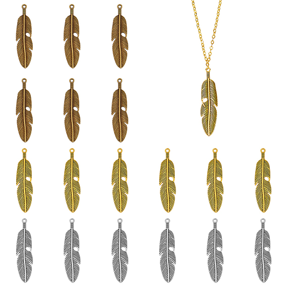 18шт 3 цвета тибетский стиль сплав перья подвески, без свинца и без кадмия, 61x15x3 мм, отверстие : 2 мм