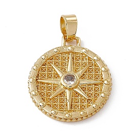 Rack Plating Brass Cubic Zirconia Pendants, Flat Round with Sun Charm, Long-Lasting Plated, Lead Free & Cadmium Free