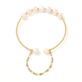 Natural Pearl Bead Bangle for Girl Women, Brass Cuff Bangle with Safety Chain