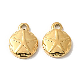 Manual Polishing 304 Stainless Steel Charms, Flat Round with Star Charm