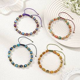 Adjustable Dyed Natural Imperial Jasper Cuboid Braided Bead Bracelets, Golden