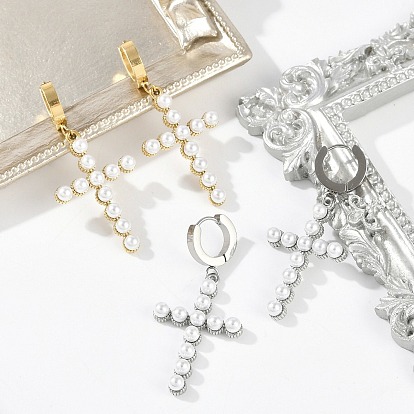 Ионное покрытие (ip) 304 серьги-кольца из нержавеющей стали, с искусственным жемчугом из платины для женщин, крестик