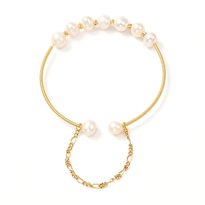Natural Pearl Bead Bangle for Girl Women, Brass Cuff Bangle with Safety Chain