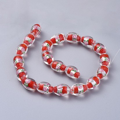 Handmade Foil Glass Lampwork Beads, Oval with Flower