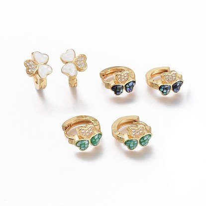 Серьги-кольца из латуни с микропаве из прозрачного кубического циркония, с естественной оболочке, долговечный, трилистник