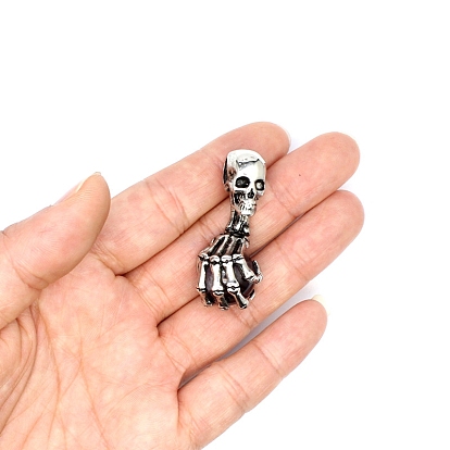 Halloween Skull Gemstone Alloy Pendants, Skeleton Hand Charms with Gems Sphere Ball, Antique Silver