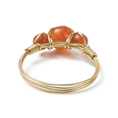 Natural Gemstone Round Braided Beaded Finger Ring, Light Gold Copper Wire Wrap Jewelry for Women