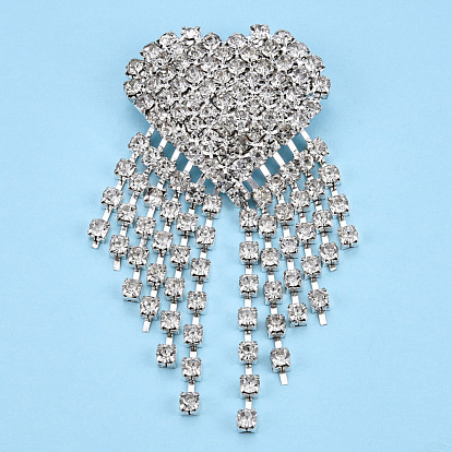 Crystal Rhinestone Heart with Tassel Lapel Pin, Creative Brass Badge for Backpack Clothes