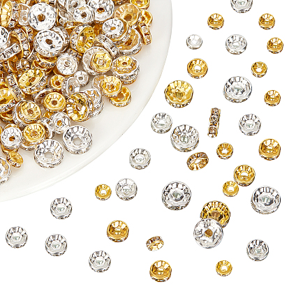 720Pcs 3 Style 2 Colors Iron Rhinestone Spacer Beads, for Jewelry Craft Making Findings, Straight Edge, Rondelle