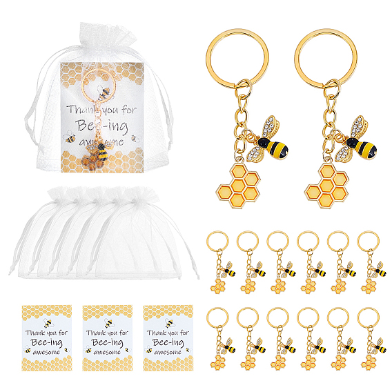 30 шт. брелки с изображением пчел из эмалированного сплава, с железными кольцами и подарочными пакетами из бумажных карточек и органзы