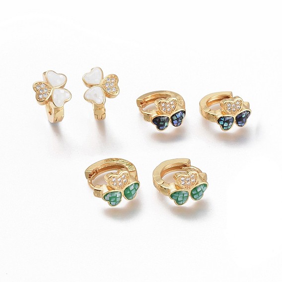 Серьги-кольца из латуни с микропаве из прозрачного кубического циркония, с естественной оболочке, долговечный, трилистник