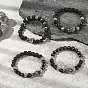 4Pcs 4 Style Om Mani Padme Hum Mala Bead Bracelets Set, Natural Lava Rock & Obsidian & Alloy Dragon Beaded Stretch Bracelets for Women