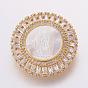 Brass Micro Pave Cubic Zirconia Pendants, with Shell Carved Virgin, Flat Round, Real 18K Gold Plated, Long-Lasting Plated