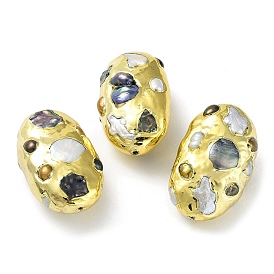 Perles en laiton plaquées en rack avec perle keshi naturelle baroque, plaqué longue durée, ovale, mélangé teint et non teint